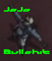 low quality image of caesar zeppeli from jojo t-posing against a red background, he has blonde hair and is wearing a blue jacket, the rest of his clothes are white, his facial features are indistinct