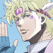 headshot of Caesar Zeppeli from JJBA, he has blonde hair and pale skin, with one pinkish-purple splotch on each cheek, he has one hand raised, as if waving to the camera
