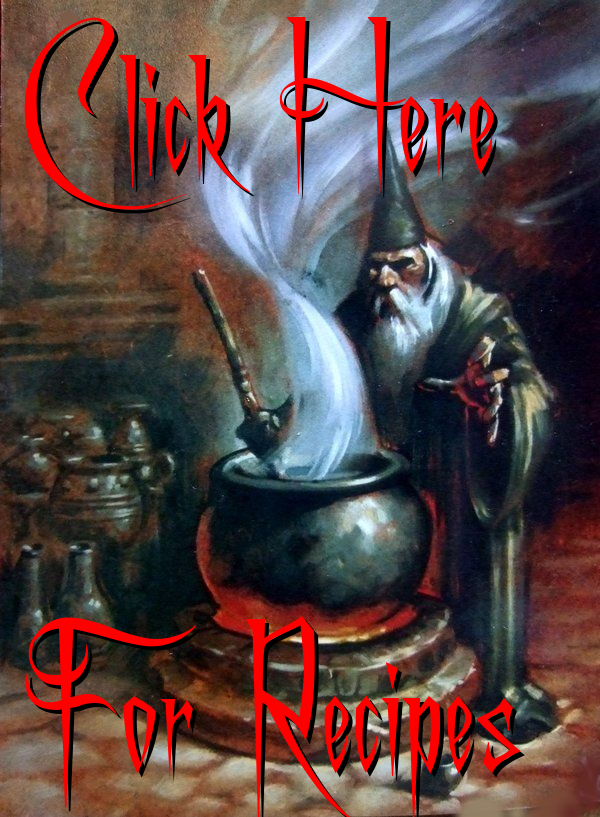 wizard stiring a cauldron, swirly red text on it reads click here for recipies