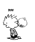 calvin blowing a bubble, it explodes, covering his head